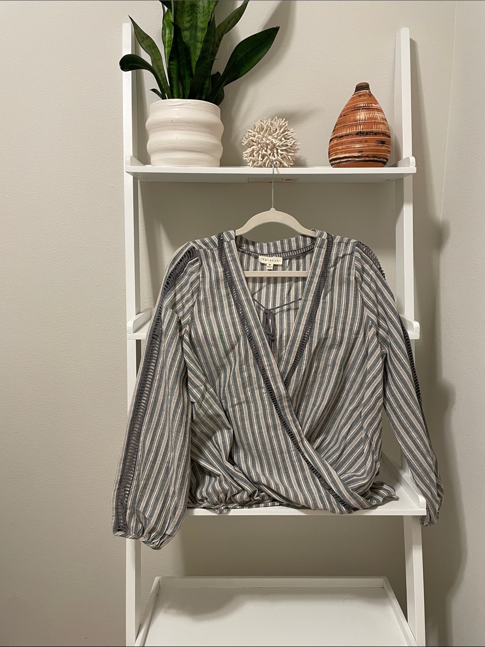 Promesa Striped Wrap Blouse in Gray and White